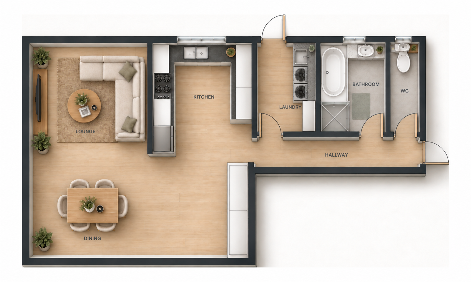 Renovated Crystal Avenue floor plan showing the rebuilt kitchen and purpose-built laundry joinery