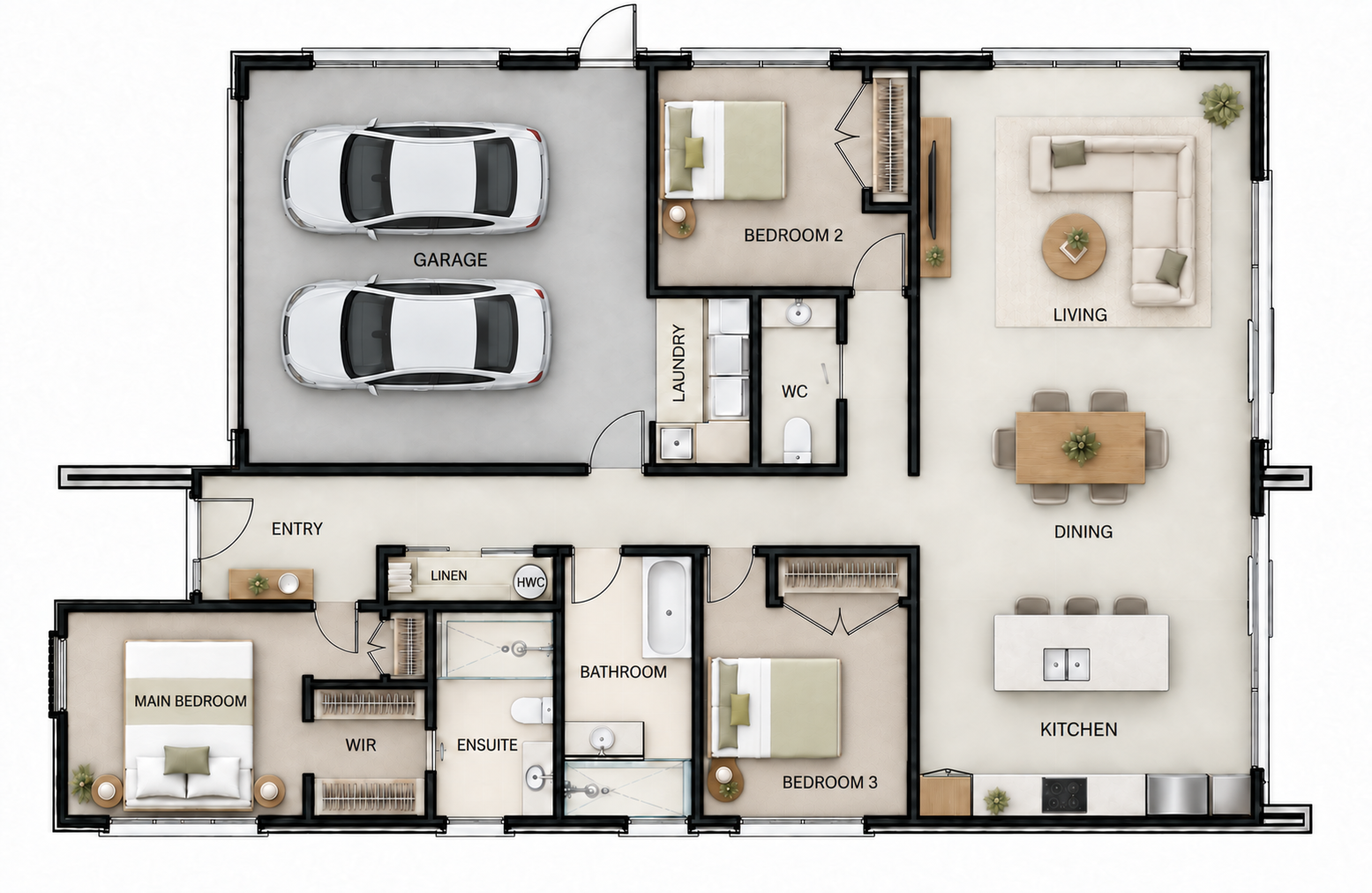 Furnished floor plan of House 43 showing three bedrooms, open-plan living, two bathrooms, laundry and double garage