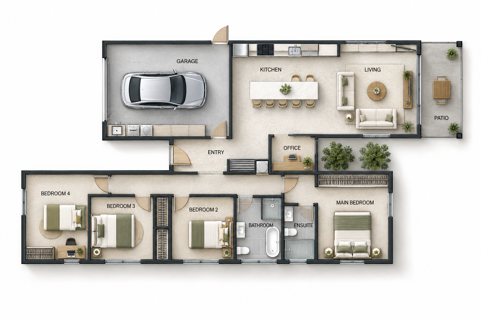 Furnished floor plan of House 44 showing four bedrooms, an office, open-plan kitchen and living, two bathrooms, garage and patio